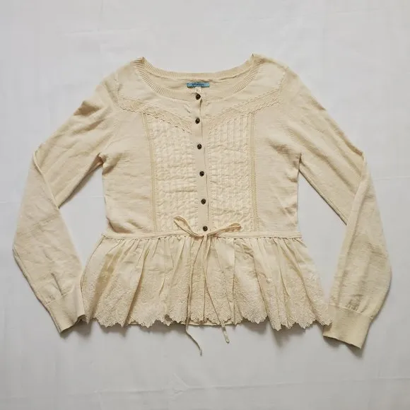 Anthropologie Leifnotes Women's Drawn Pleats Lace Cardigan Ivory Size Medium