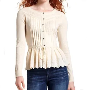 Anthropologie Leifnotes Women's Drawn Pleats Lace Cardigan Ivory Size Medium