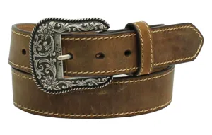 ARIAT WOMEN'S LEATHER BELT WITH ENGRAVED BUCKLE in brown and black