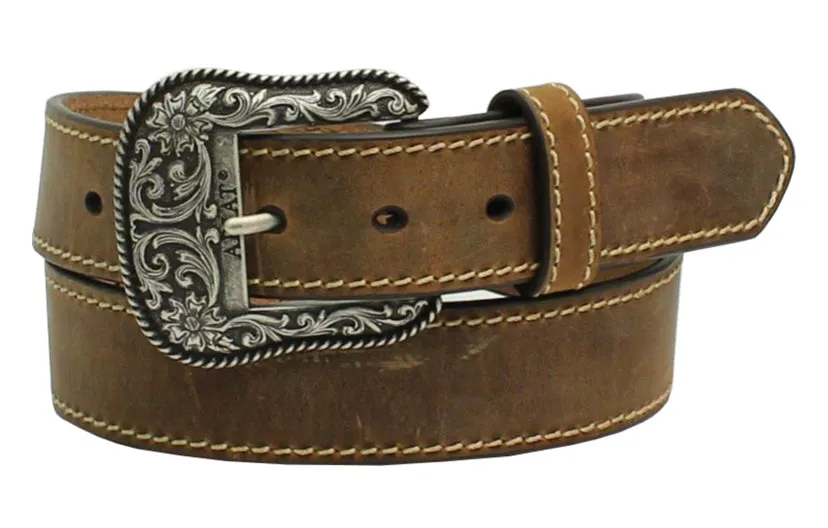 ARIAT WOMEN'S LEATHER BELT WITH ENGRAVED BUCKLE in brown and black
