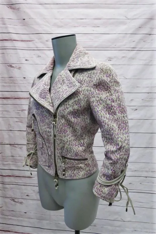 Bally Moto Jacket Off-White/Purple Floral Print Suede Size US 6 Lace-Up Details