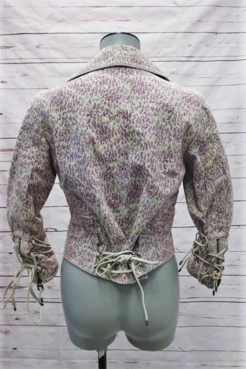 Bally Moto Jacket Off-White/Purple Floral Print Suede Size US 6 Lace-Up Details