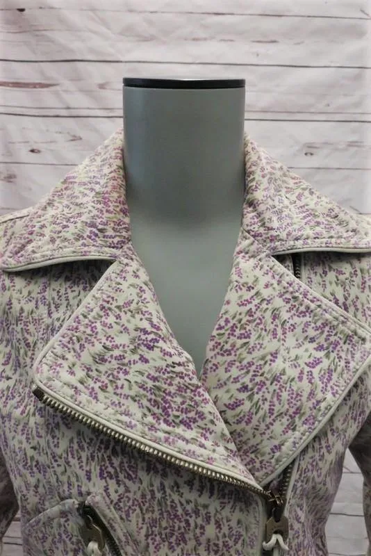 Bally Moto Jacket Off-White/Purple Floral Print Suede Size US 6 Lace-Up Details