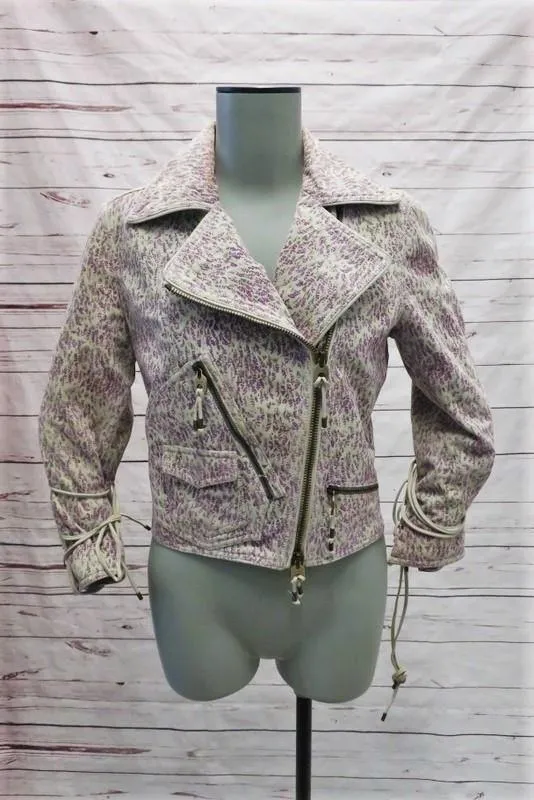 Bally Moto Jacket Off-White/Purple Floral Print Suede Size US 6 Lace-Up Details