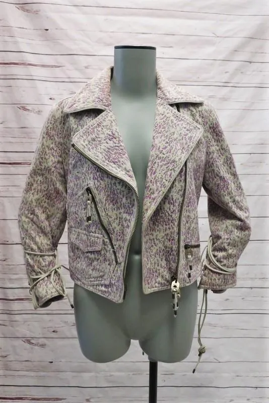 Bally Moto Jacket Off-White/Purple Floral Print Suede Size US 6 Lace-Up Details