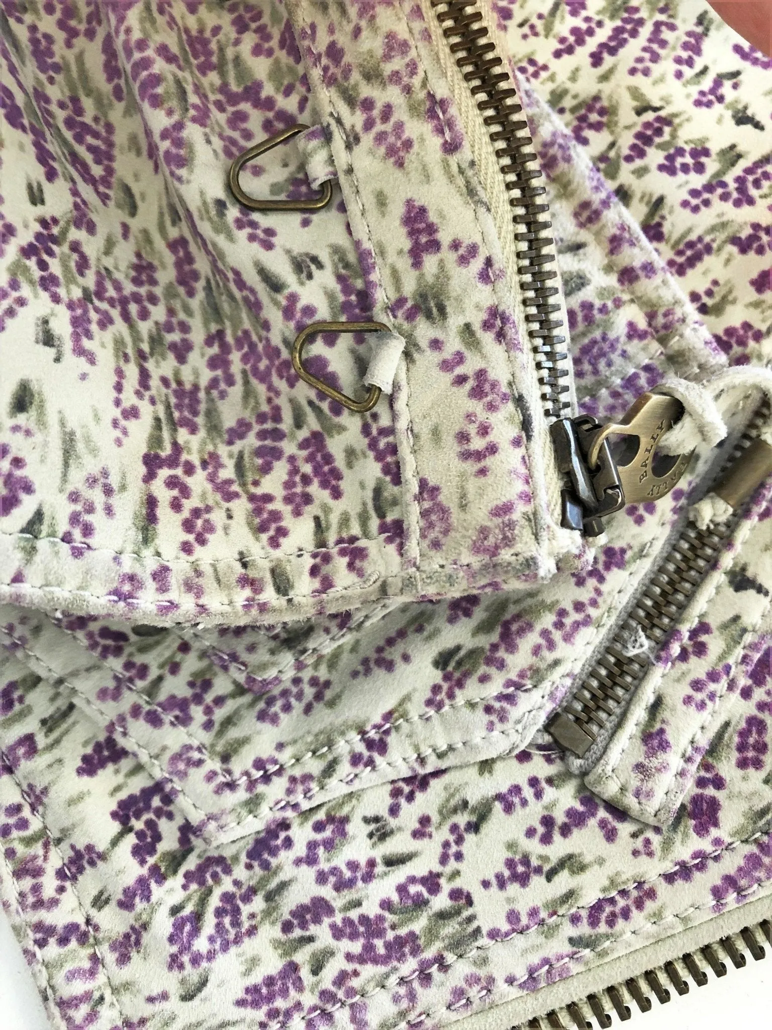 Bally Moto Jacket Off-White/Purple Floral Print Suede Size US 6 Lace-Up Details