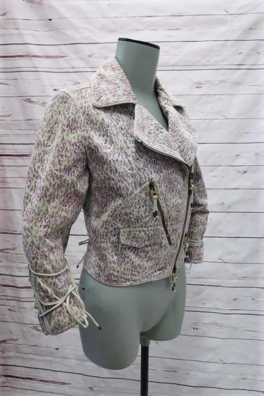 Bally Moto Jacket Off-White/Purple Floral Print Suede Size US 6 Lace-Up Details