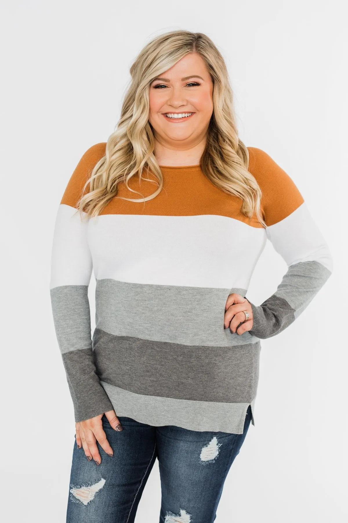 Be Yourself Color Block Sweater- Grey, Ivory, & Camel