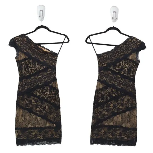 Bebe Women S Dress Black Nude Brown Lined Lace One Shoulder Bodycon Bandage