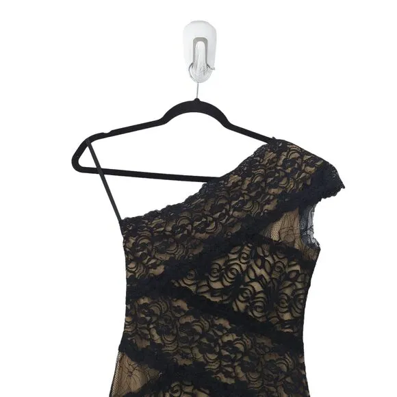 Bebe Women S Dress Black Nude Brown Lined Lace One Shoulder Bodycon Bandage