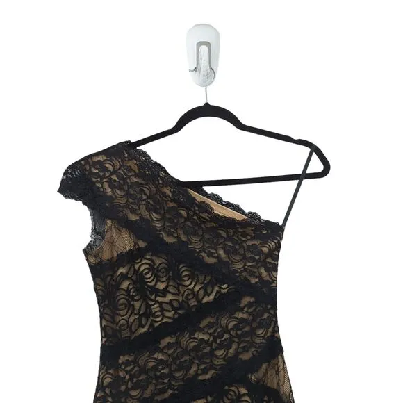 Bebe Women S Dress Black Nude Brown Lined Lace One Shoulder Bodycon Bandage