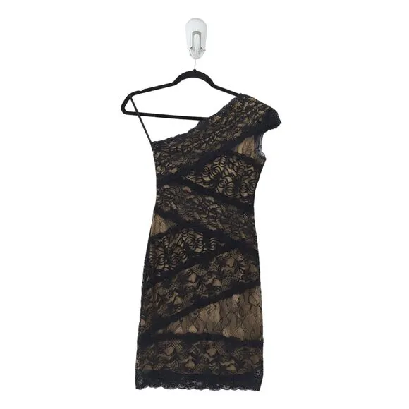 Bebe Women S Dress Black Nude Brown Lined Lace One Shoulder Bodycon Bandage