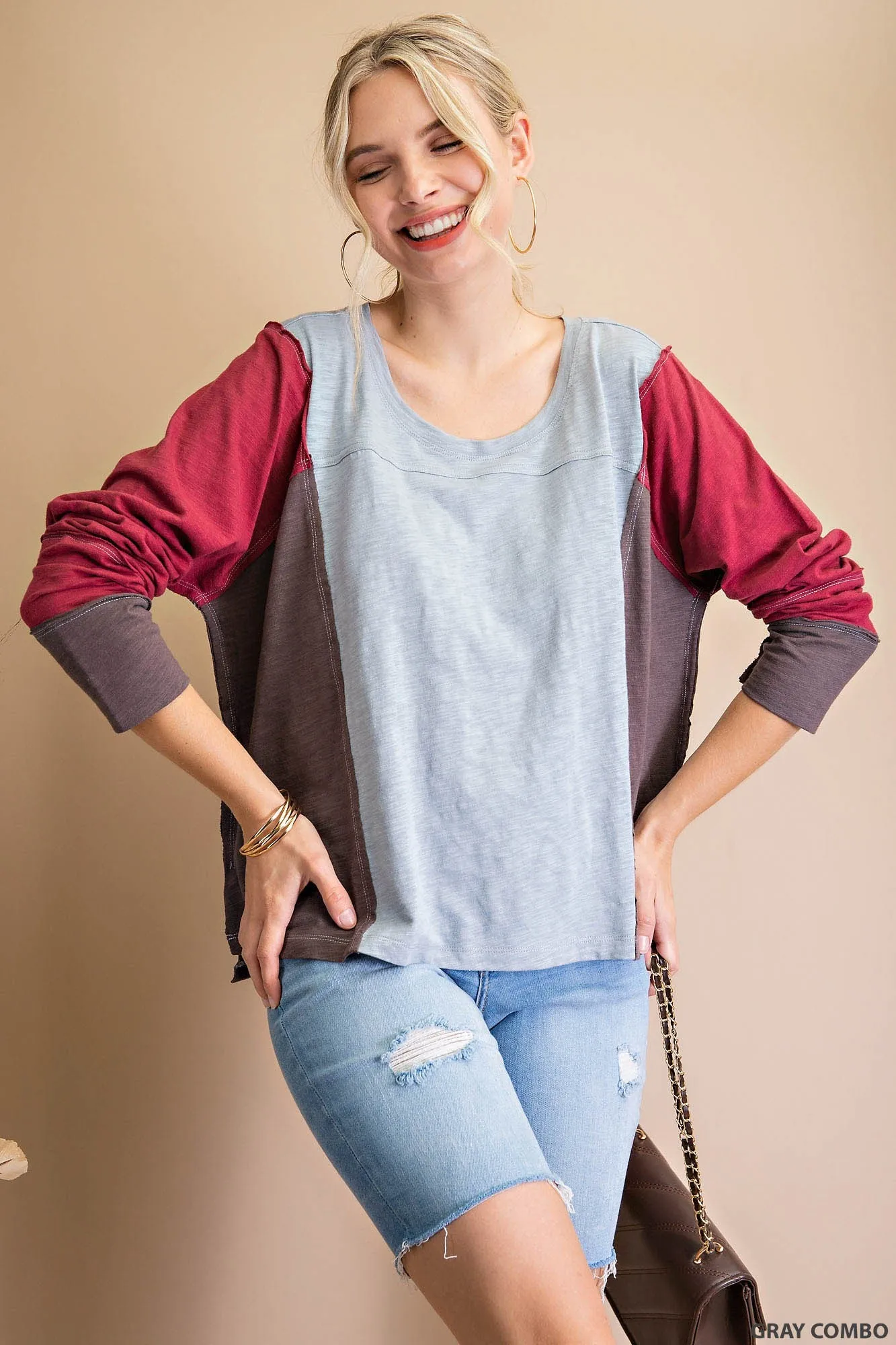 Becca Color Block Top in Burgundy
