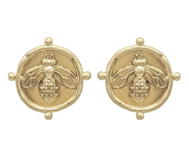 Bee Coin Earrings - Vintage Gold