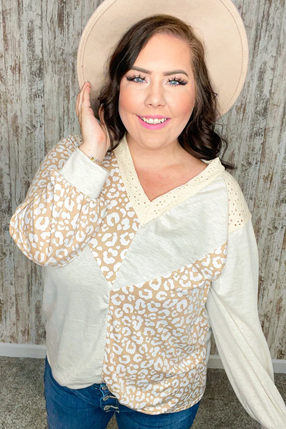 Beige Leopard Print Eyelet V Neck Raglan Top