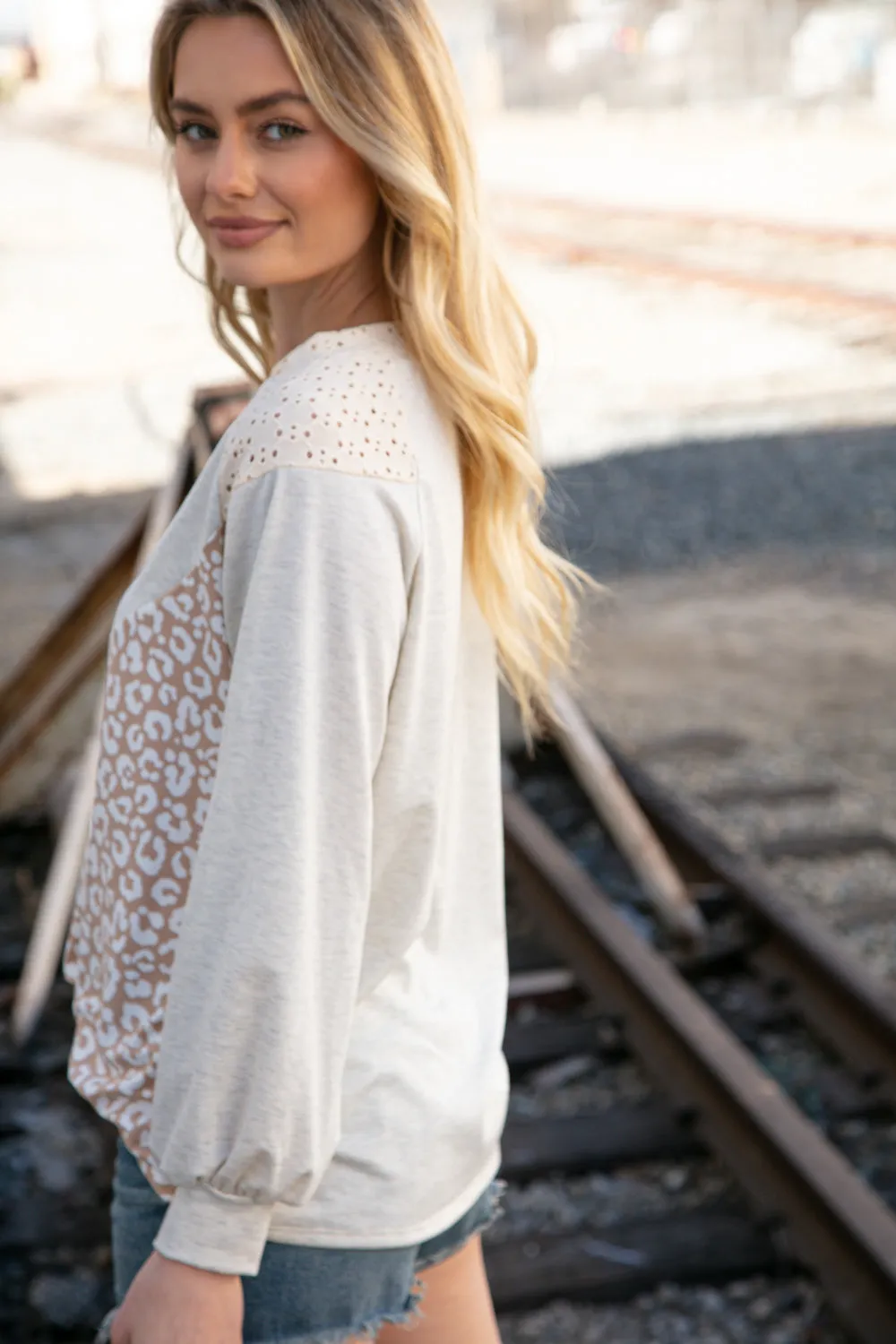 Beige Leopard Print Eyelet V Neck Raglan Top