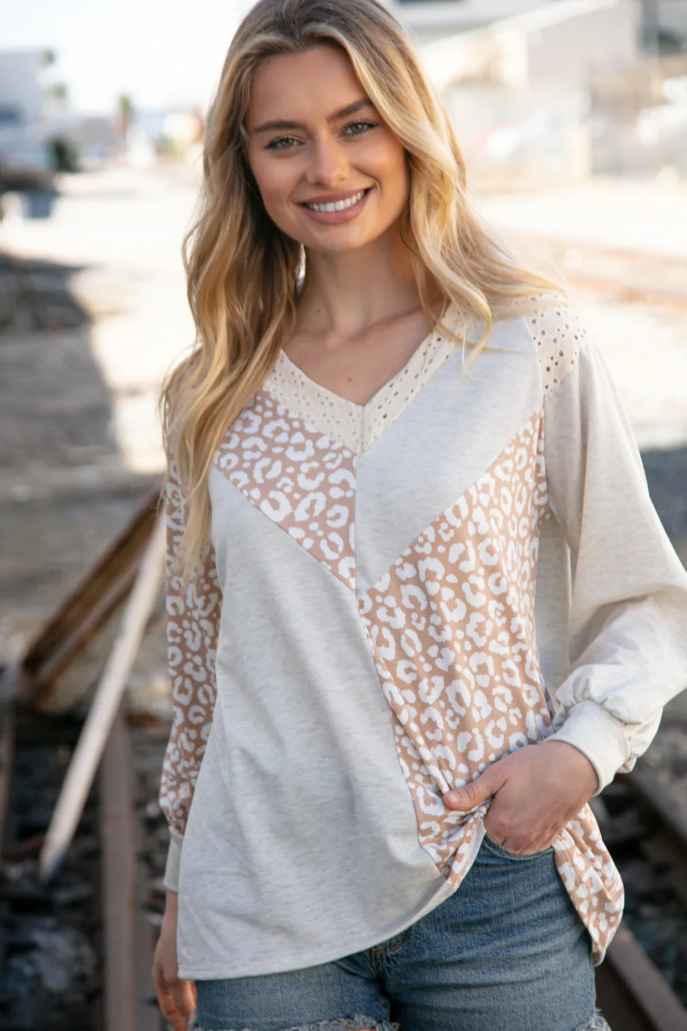 Beige Leopard Print Eyelet V Neck Raglan Top