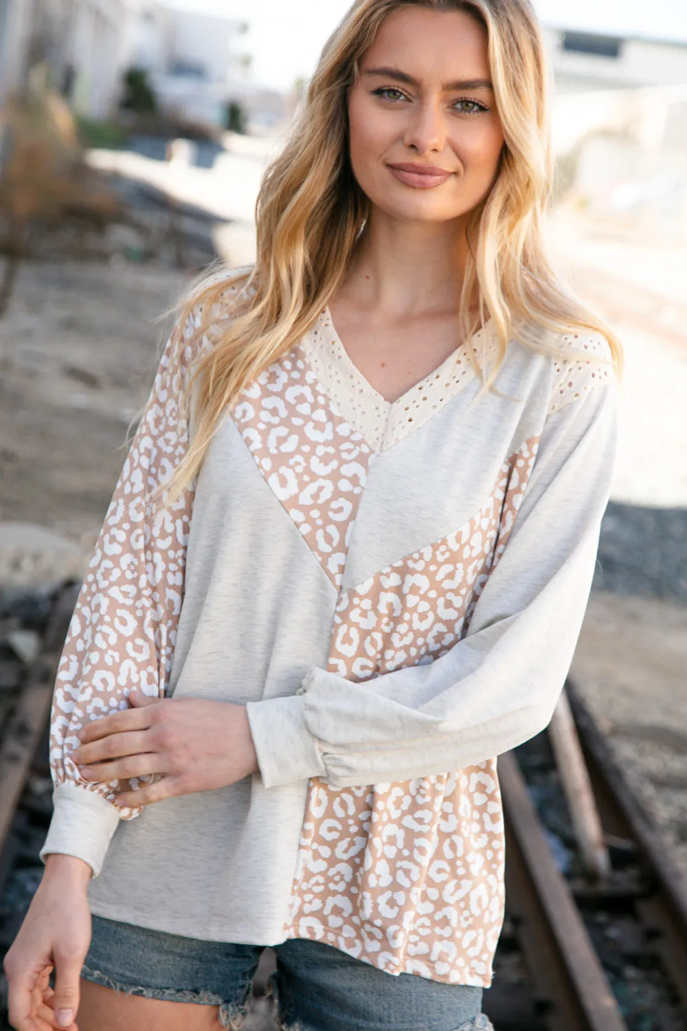 Beige Leopard Print Eyelet V Neck Raglan Top
