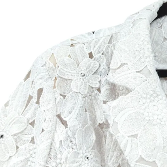 Berek Women 3x Plus Blazer Jacket White Eyelet Floral 3D Rhinestone FLAW