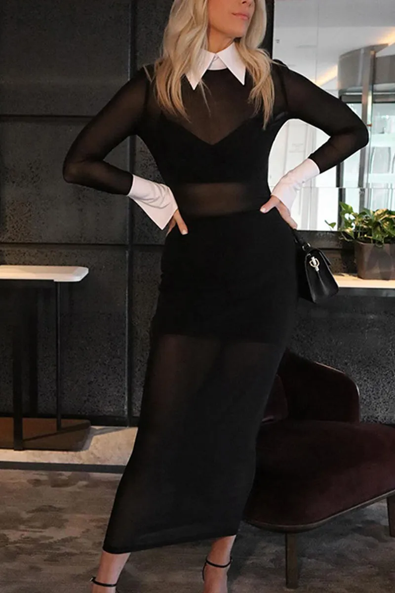 BL629 Round Neck Long Sleeve See-through Mesh Maxi Dress