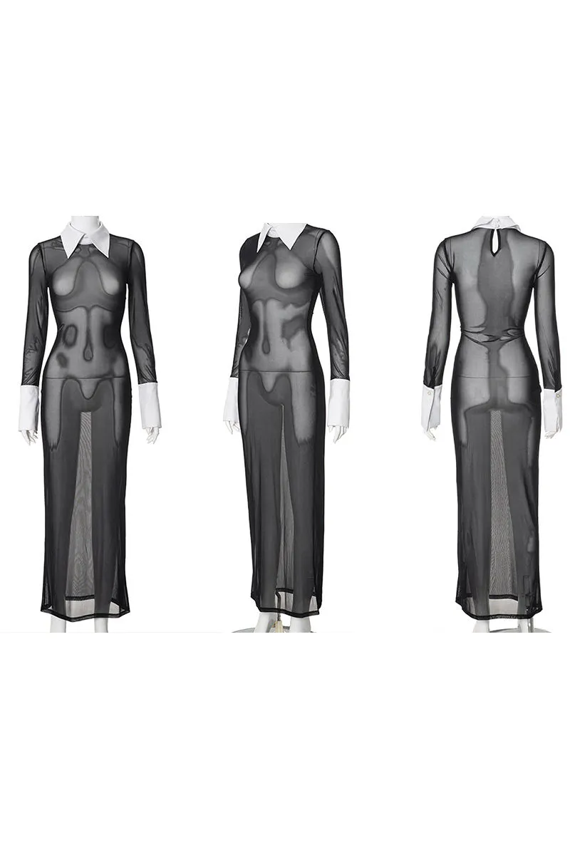 BL629 Round Neck Long Sleeve See-through Mesh Maxi Dress