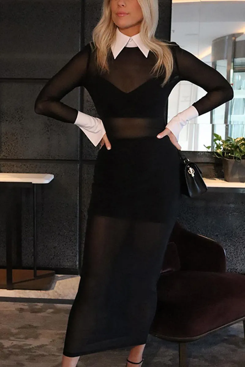 BL629 Round Neck Long Sleeve See-through Mesh Maxi Dress