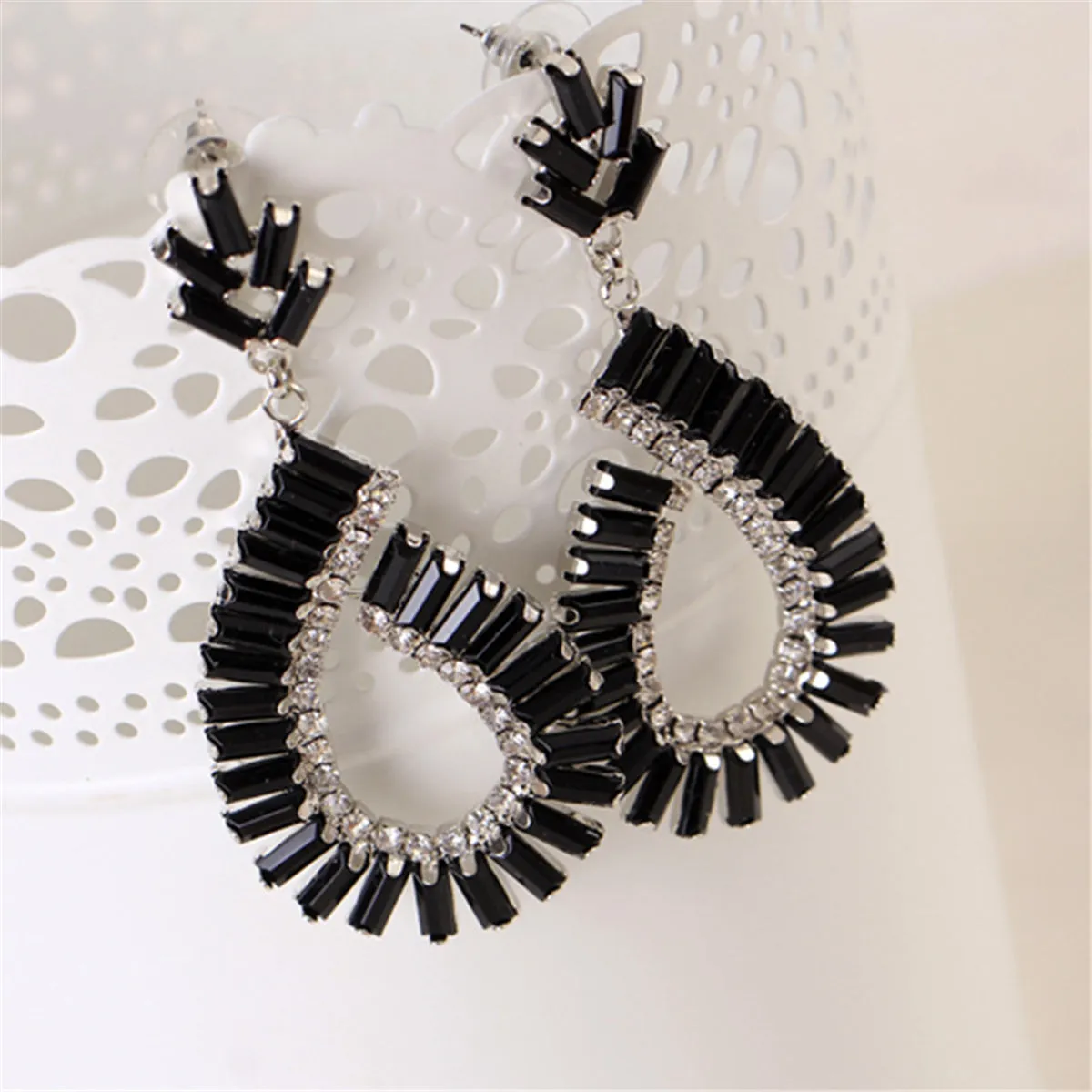 Black & Silver-Plated Baguette Open Teardrop Earrings