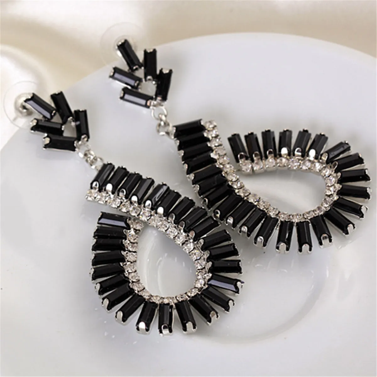Black & Silver-Plated Baguette Open Teardrop Earrings