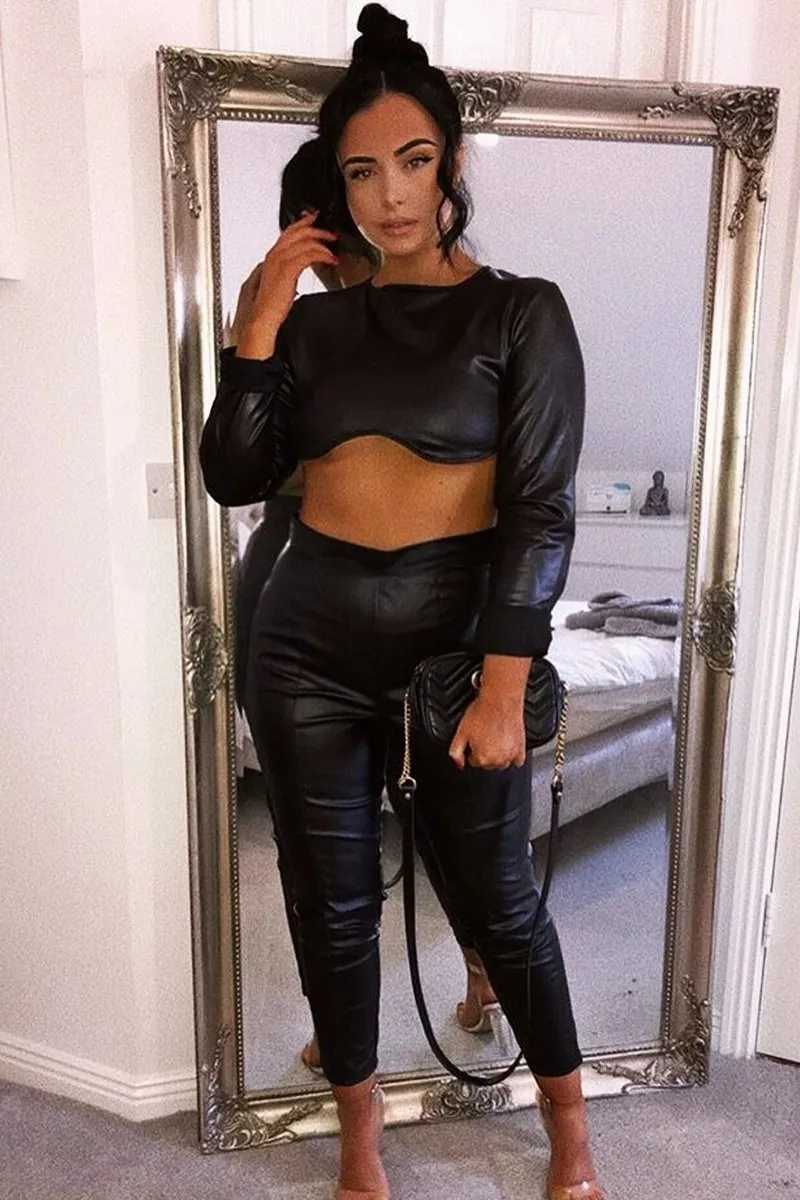 Black Coated Long Sleeve Moulded Crop Top - Indie