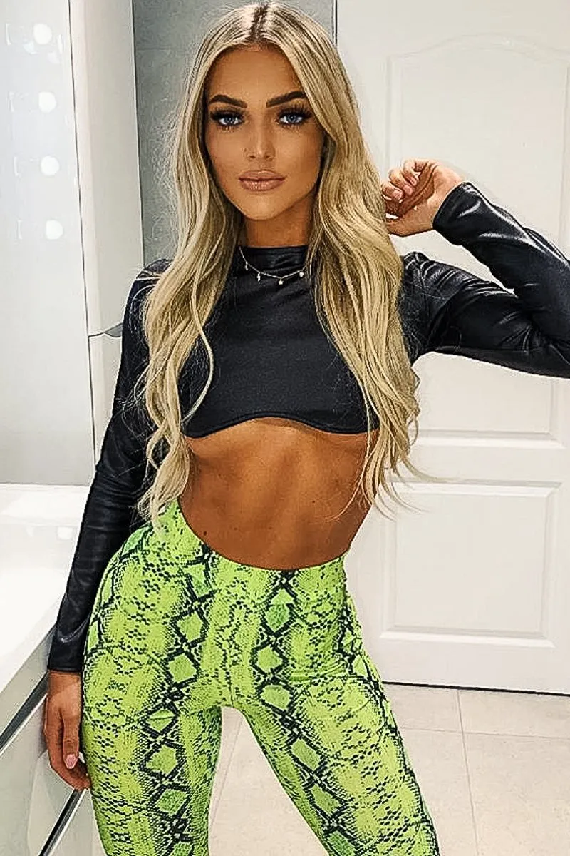 Black Coated Long Sleeve Moulded Crop Top - Indie