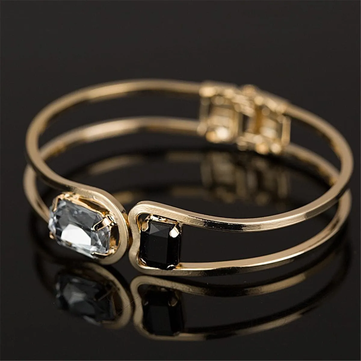 Black Crystal & 18K Gold-Plated Open Bangle