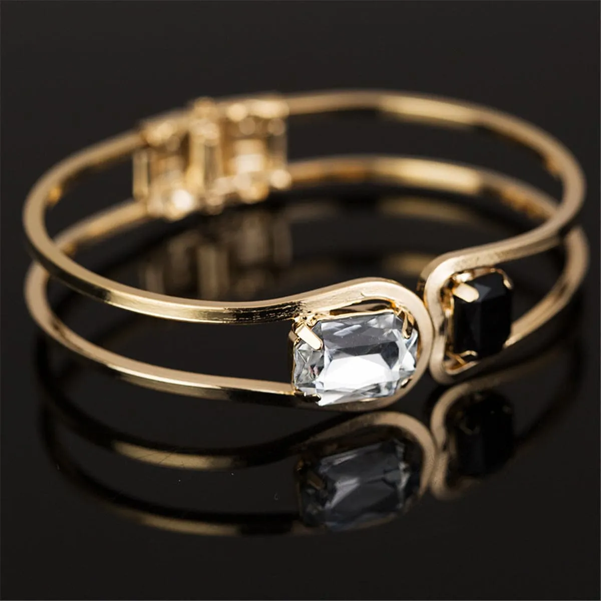 Black Crystal & 18K Gold-Plated Open Bangle