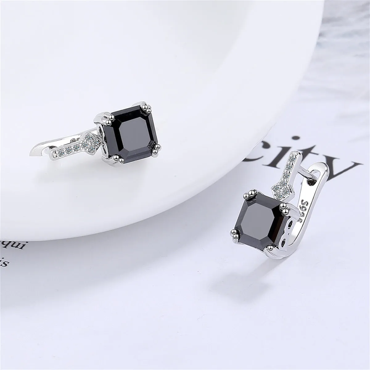 Black Crystal & Cubic Zirconia Princess-Cut Huggie Earrings