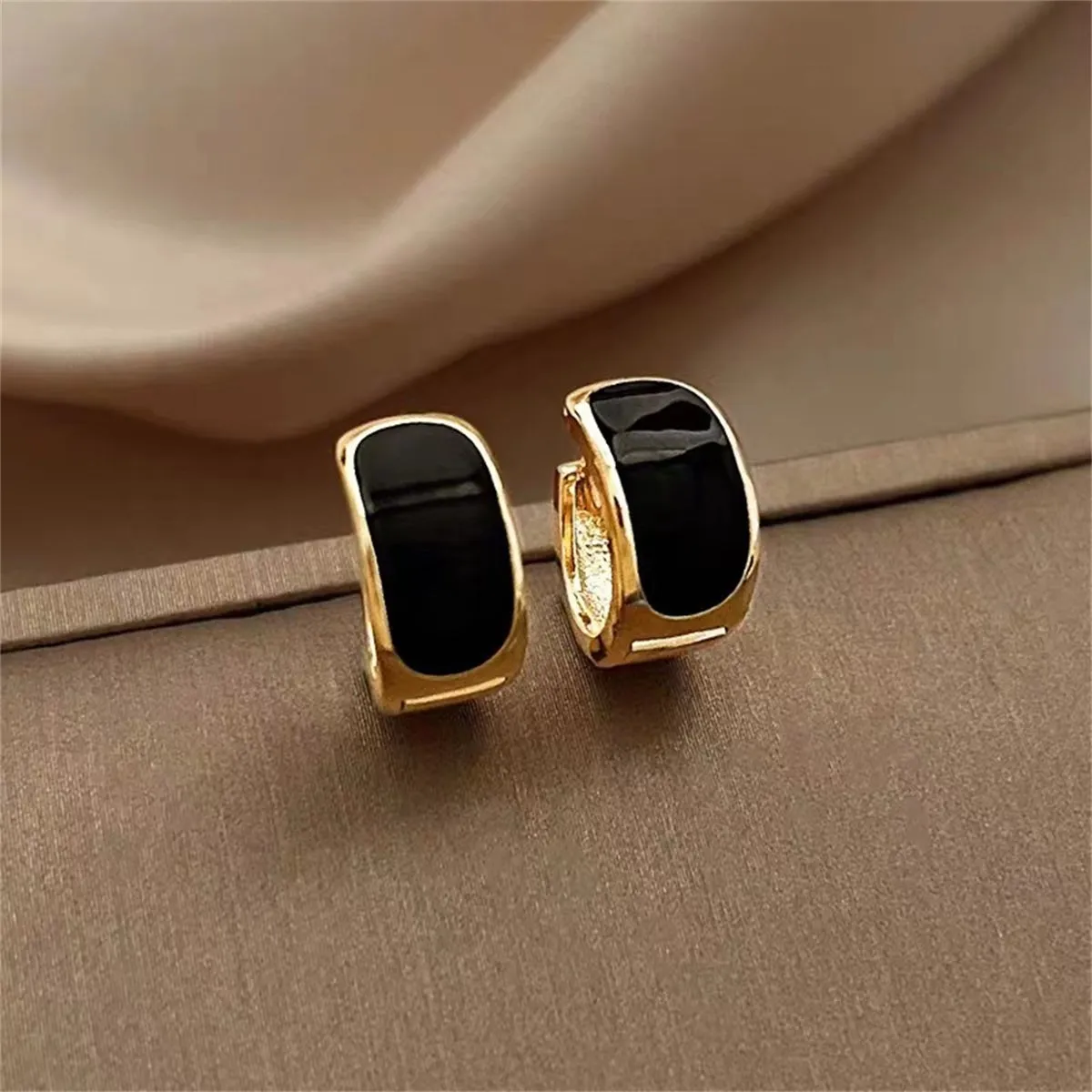 Black Enamel & 18K Gold-Plated Huggie Earrings
