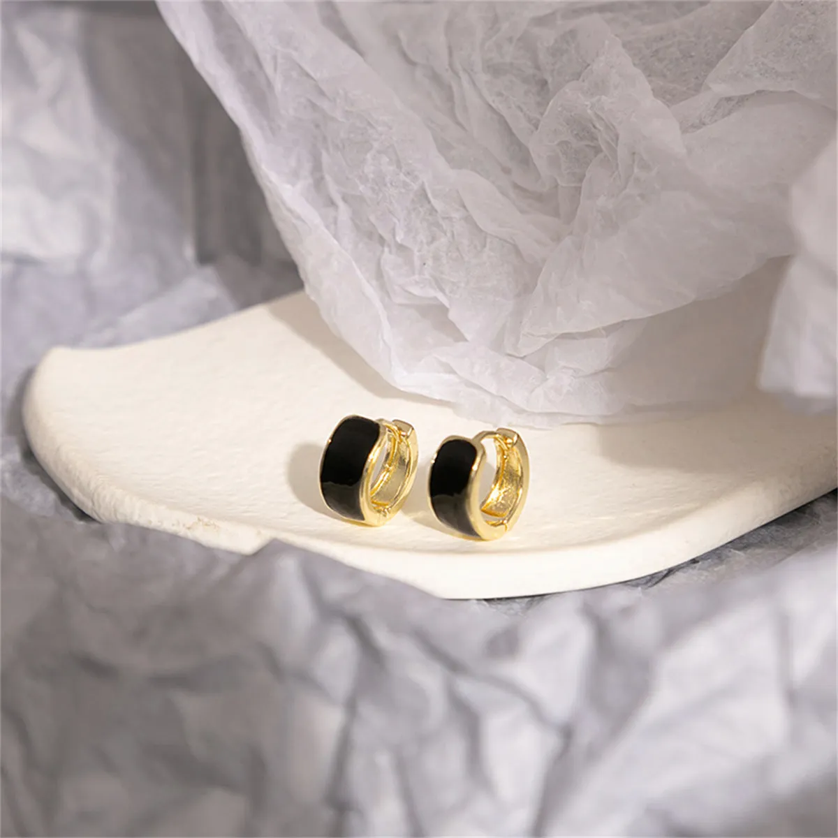 Black Enamel & 18K Gold-Plated Huggie Earrings