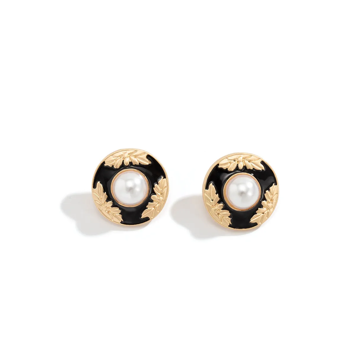 Black Enamel & Pearl Flower Round Stud Earrings
