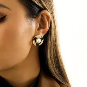 Black Enamel & Pearl Flower Round Stud Earrings