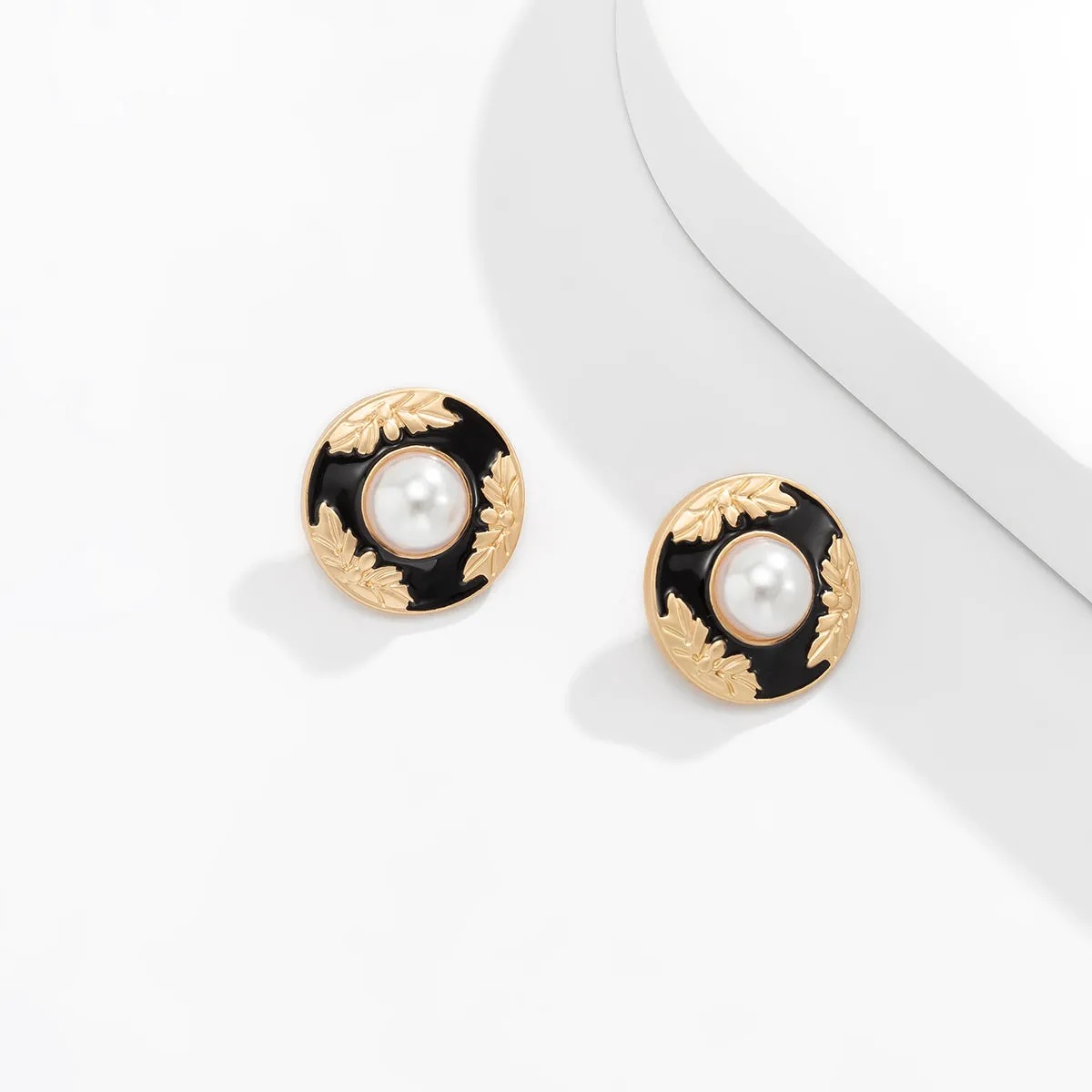 Black Enamel & Pearl Flower Round Stud Earrings