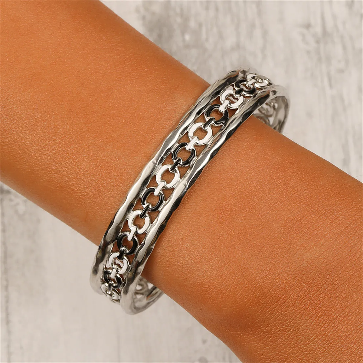 Black Enamel & Silver-Plated Cable Cuff