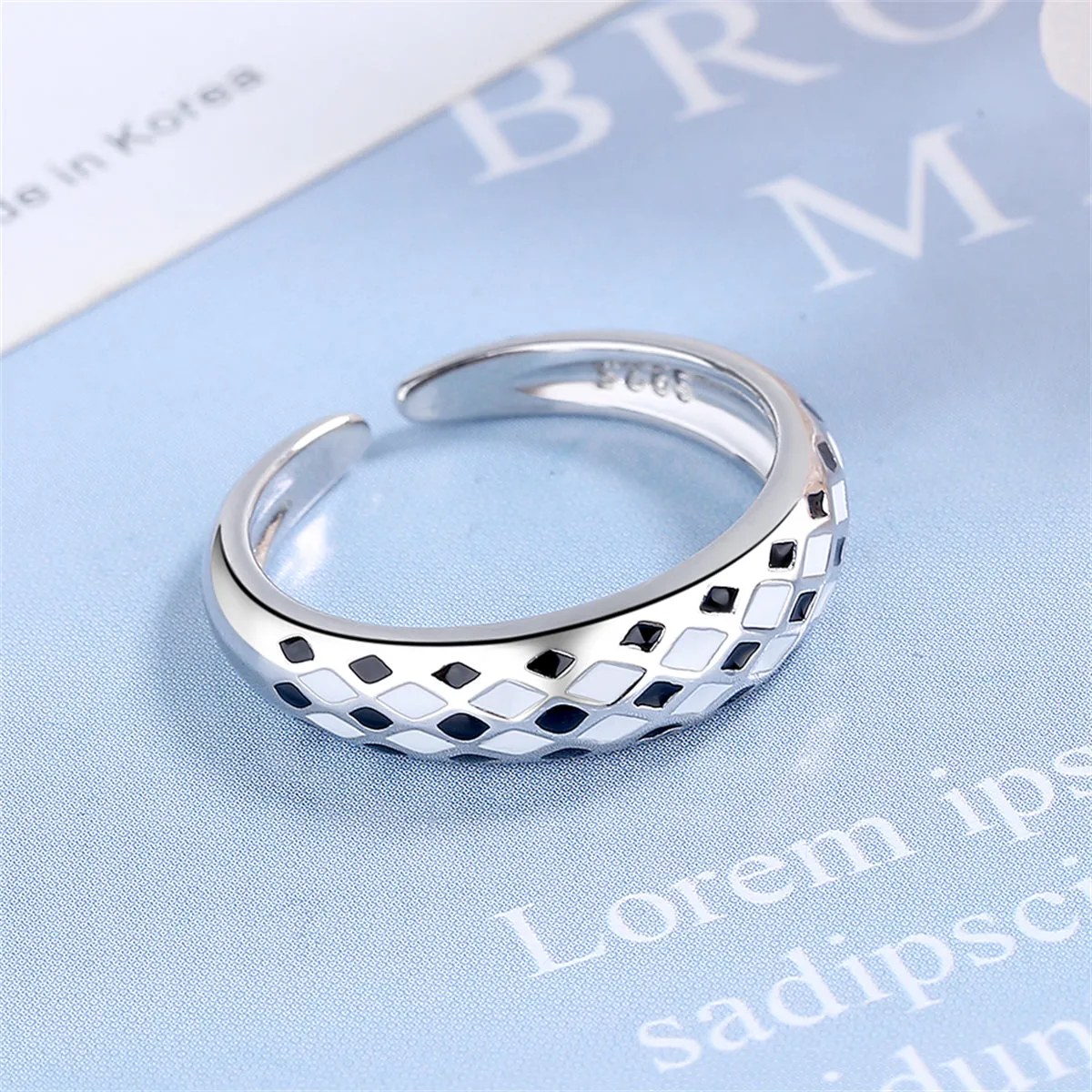 Black Enamel & Silver-Plated Rhombus Open Ring
