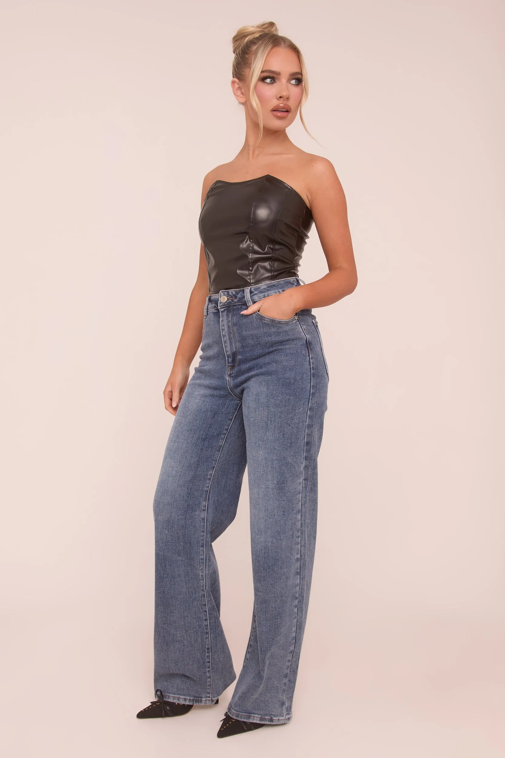 Black Faux Leather Corset Detail Crop Top - Lorene