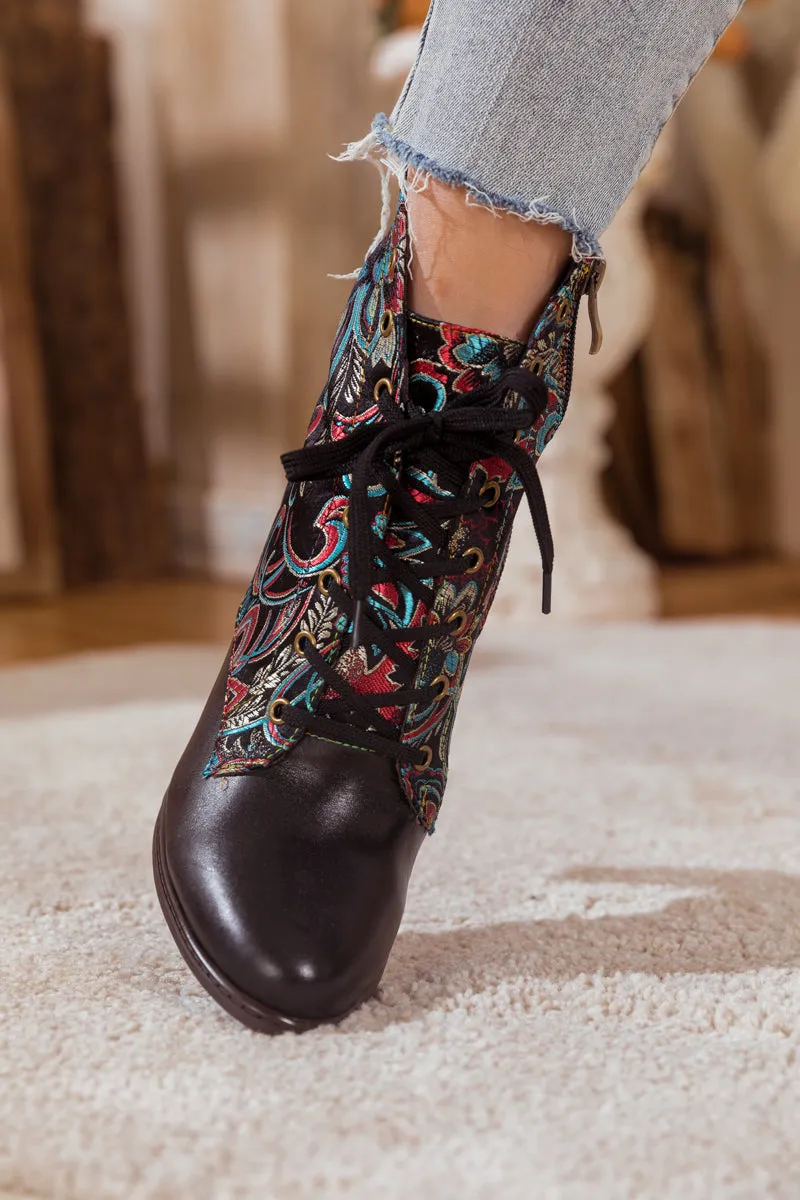 Black Floral Embroidered Leather Bootie