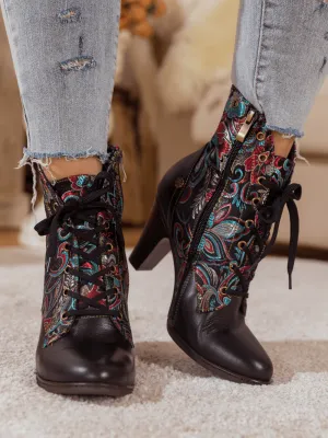 Black Floral Embroidered Leather Bootie