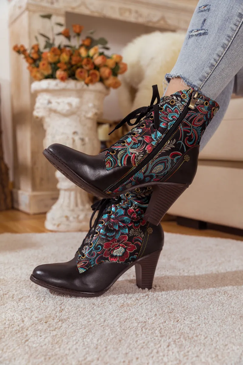 Black Floral Embroidered Leather Bootie