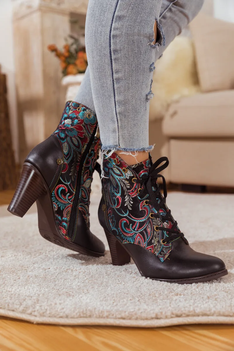 Black Floral Embroidered Leather Bootie