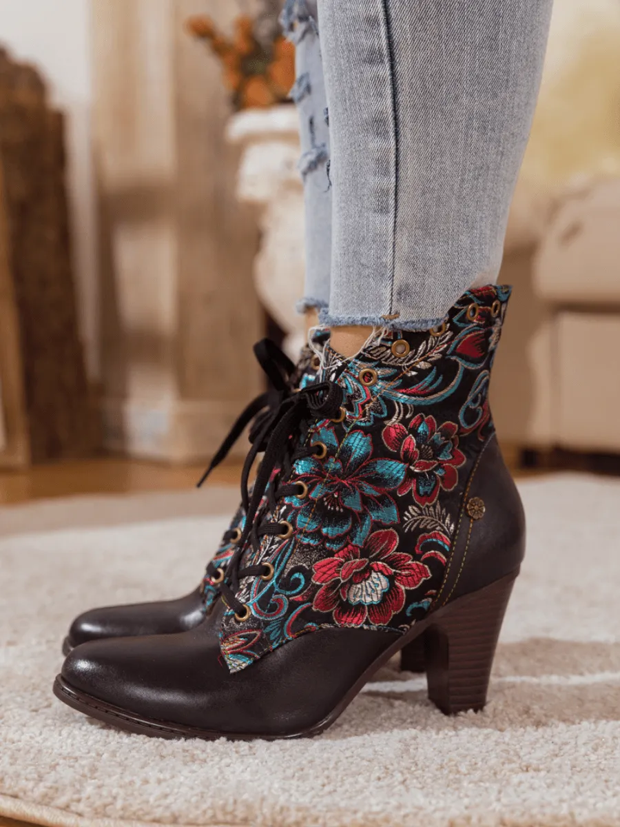 Black Floral Embroidered Leather Bootie