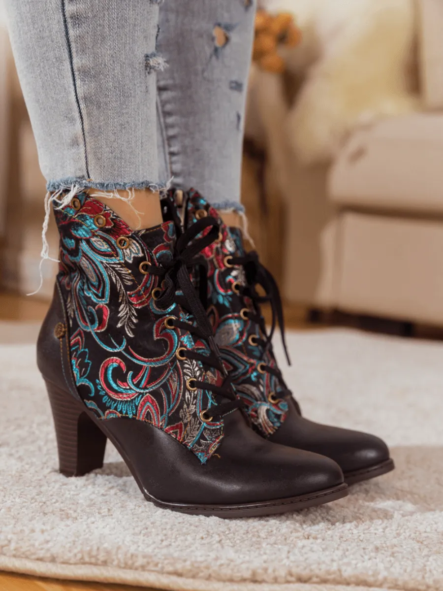 Black Floral Embroidered Leather Bootie