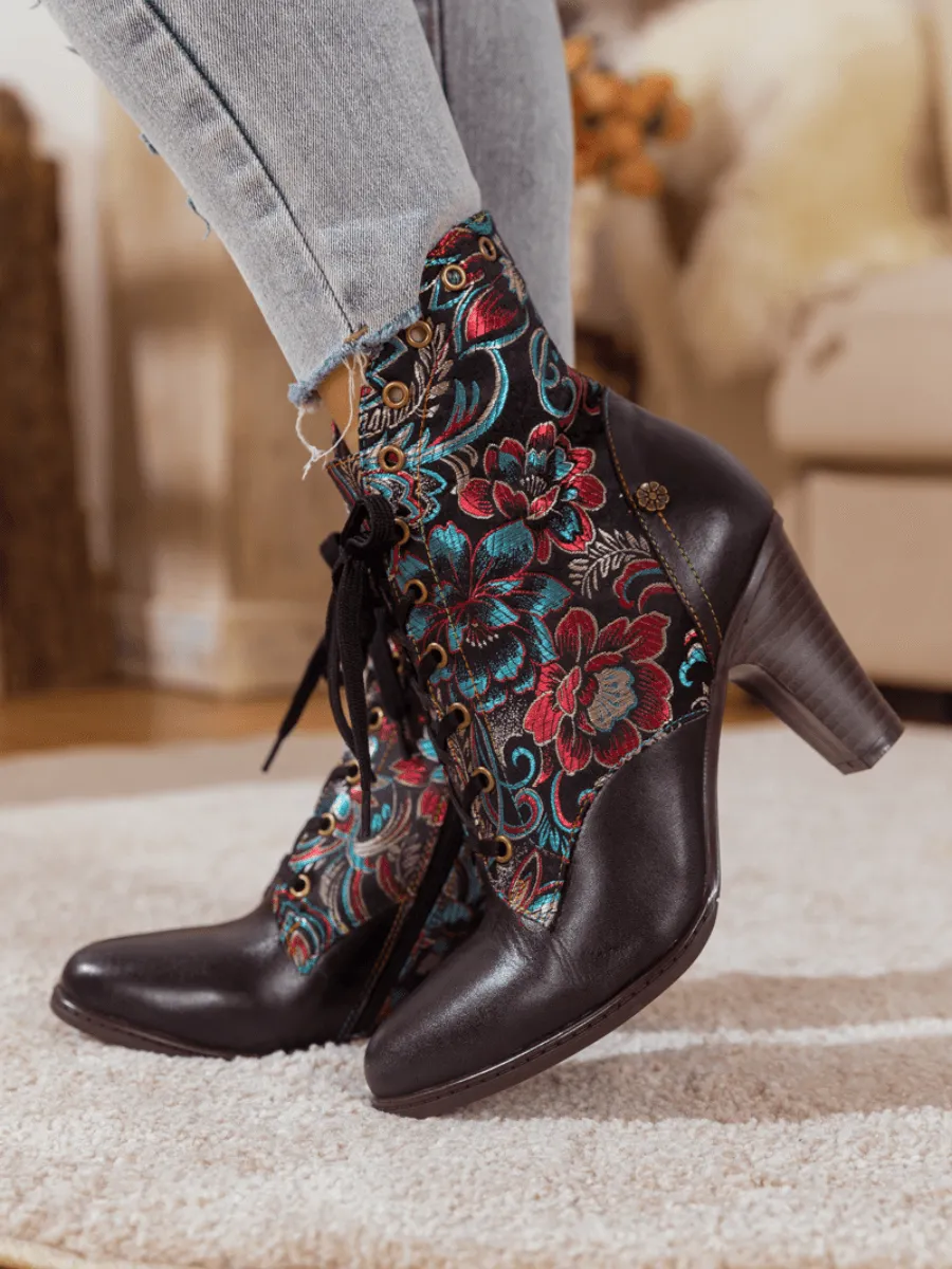 Black Floral Embroidered Leather Bootie