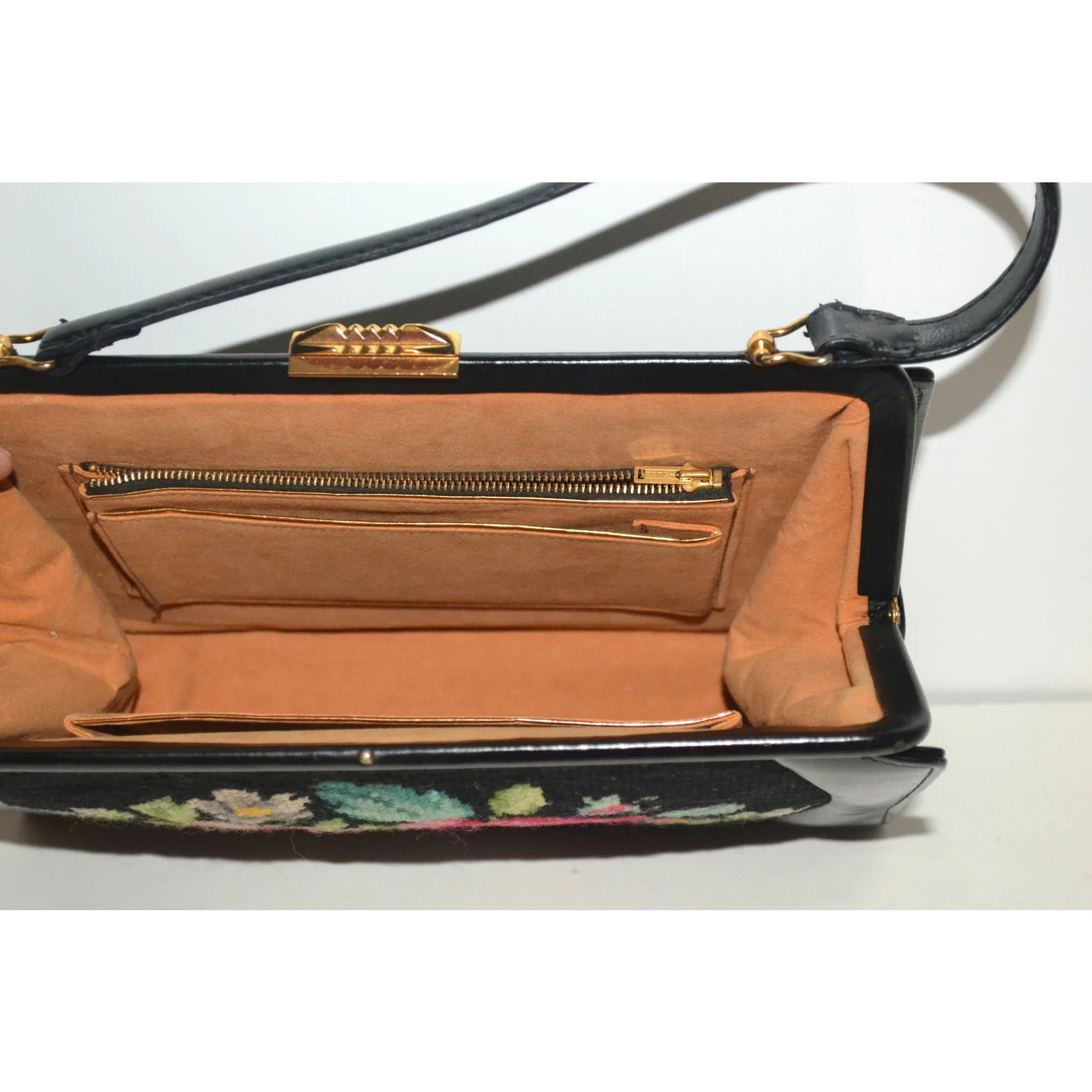 Black Leather & Needlepoint Purse