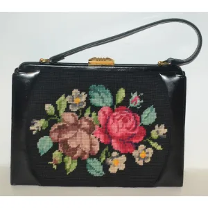 Black Leather & Needlepoint Purse